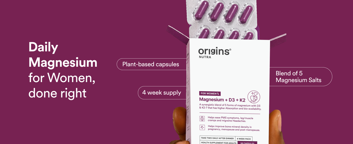 Origins Nutra 5-in-1 Magnesium + D3 + K2-7 for Women | 370 mg Magnesium