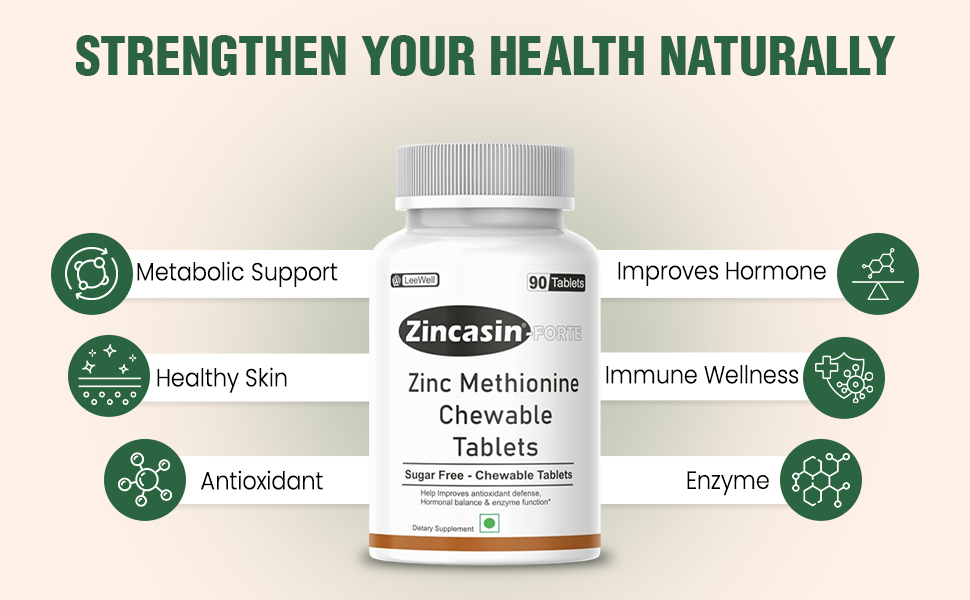 Zincasin Forte (LeeWell) Chewable Zinc Bisglycinate Candy-type tablets | High Absorption Chelated Zinc Supplements for Immune Support, Skin, Hair & Nails, Antioxidant, Metabolism and Cellular Function Support – 90 tablets