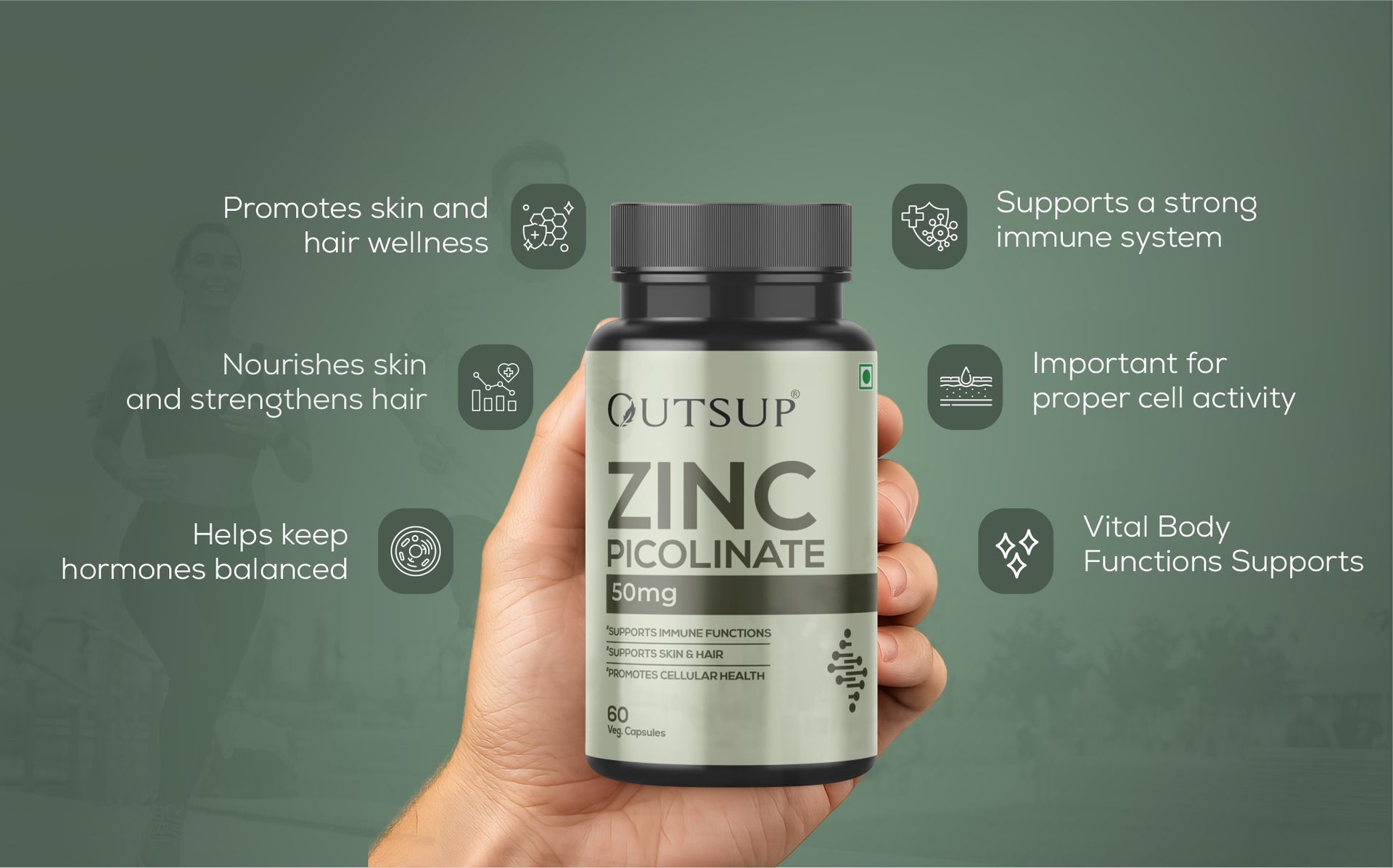 Zinc Picolinate 50 mg - High Absorption Chelated Zinc Supplement for Men & Women - Immune Support, Skin & Hair Health - Supports overall wellness, Muscle Strength & Metabolism - 60 Capsules