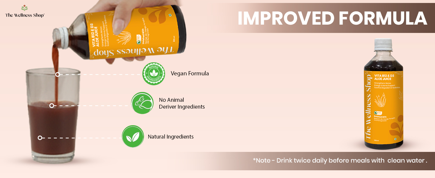 The Wellness Shop Vitamin B12 & D3 Juice with Aloe Vera, Orange & Pomegranate | Energy & Immunity Support Drink | Supports Digestion, Bone & Heart Health | 500ml