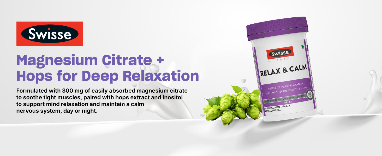 Swisse Relax & Calm - 300mg Magnesium Citrate with Hops & Inositol - Helps Muscle Recovery, Supports Mind Relaxation & Healthy Sleep Cycles | Non-Drowsy Everyday Formula (60 Tablets)