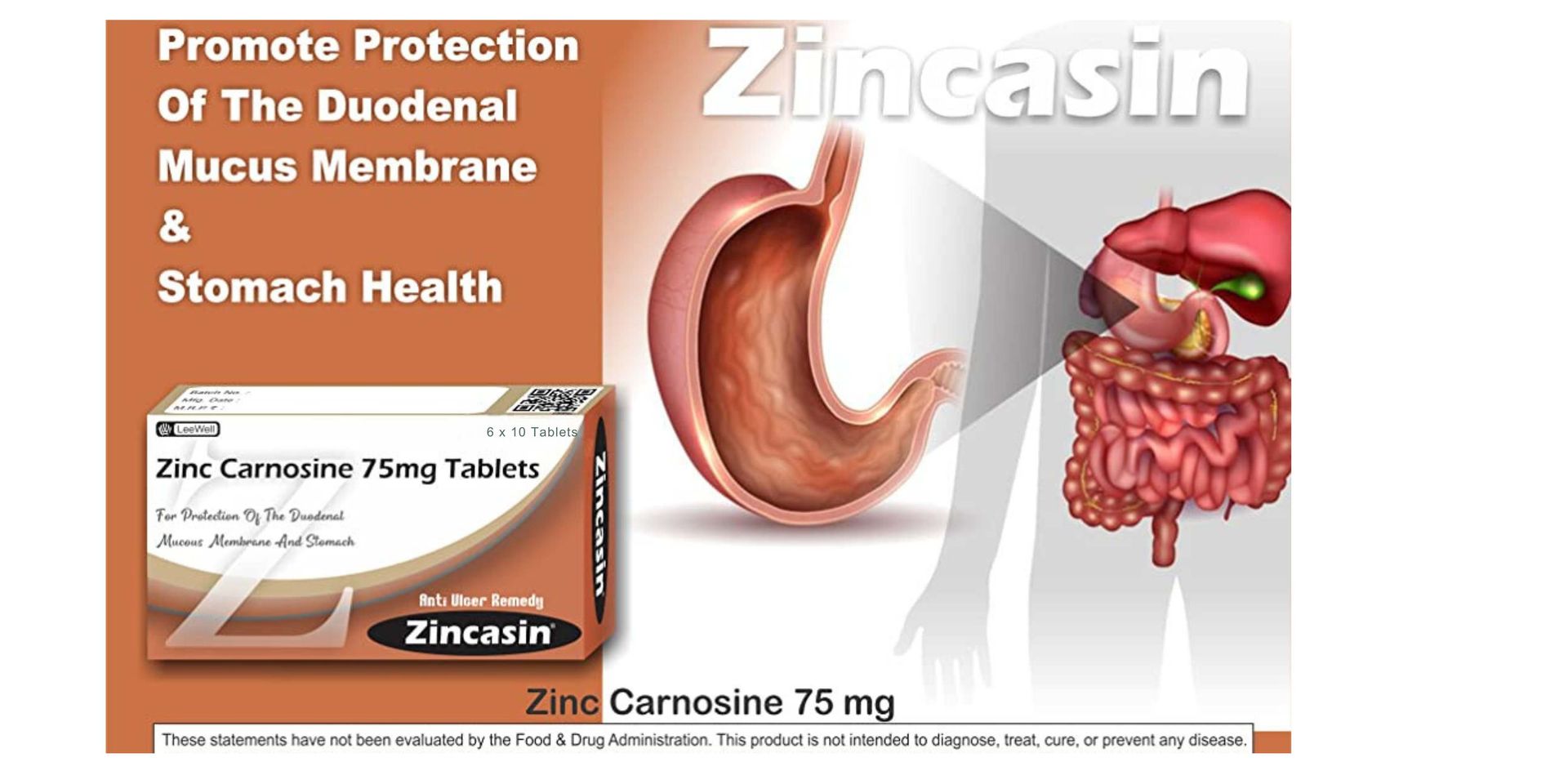 Zincasin (LeeWell) Chewable Zinc Carnosine | Leaky gut repair supplement | Strengthen Digestive system, stomach immunity, Taste buds function, Neurotransmitter Support | Healthy IBS, IBD, Gastric Ulcer Support - 60 sugar-free