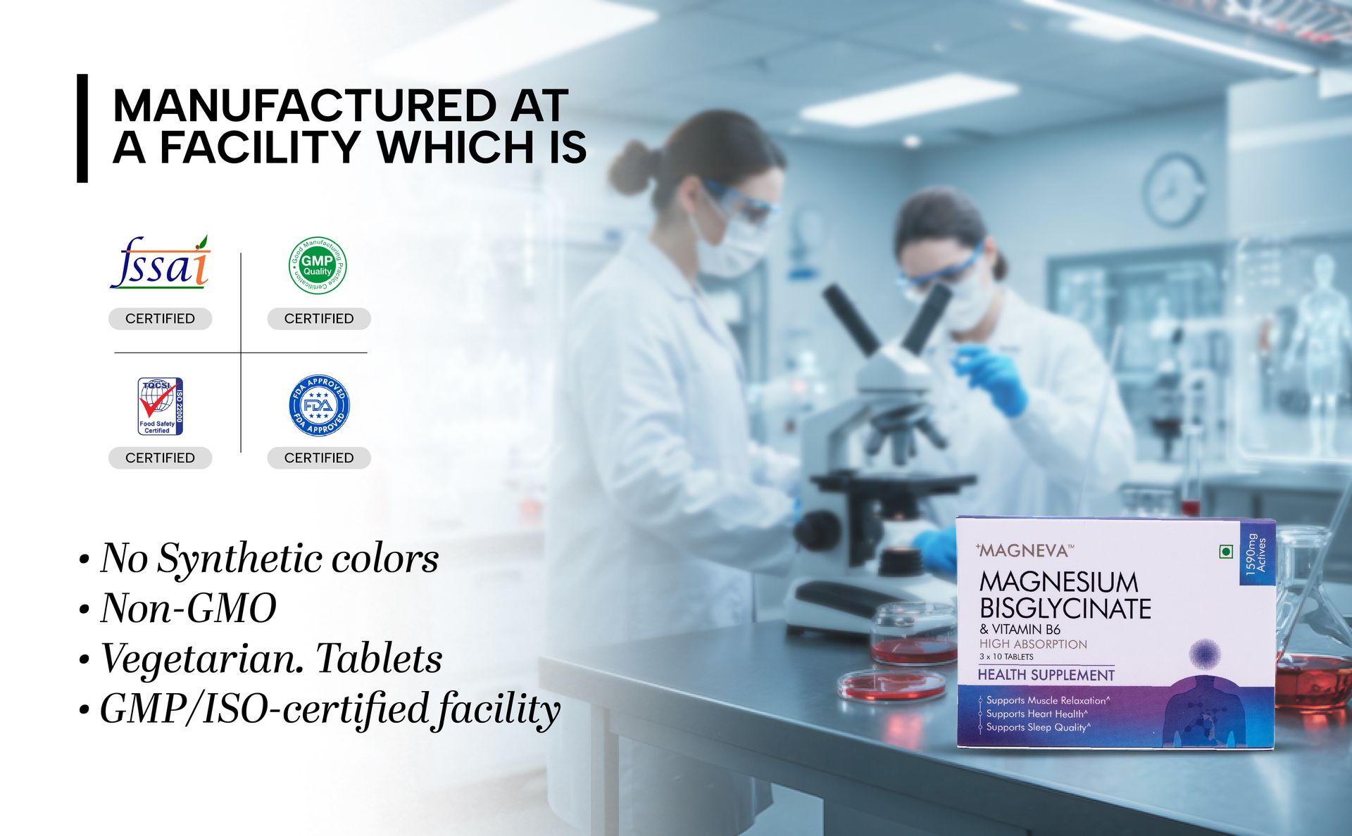 Magneva Magnesium Bisglycinate | 30 tablets | 350 mg Elemental Magnesium + Vitamin B6 | High Absorption Chelated Formula for Muscle & Bone Health | Non-GMO | Excelgenics