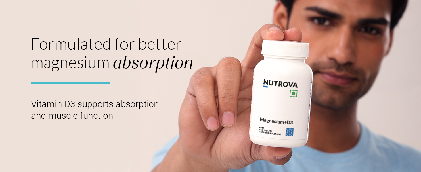 Nutrova Magnesium+D3 | With Magnesium Bisglycinate & Vitamin D3 | Supports Better Sleep, Mood, Energy & Muscle Recovery | High Absorption Formula | Gentle on Stomach | 60 Veg Tablets (Pack of 1)
