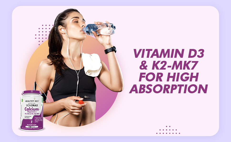 HealthyHey Nutrition BoneMax Calcium, D3, K2 & Mg | 100% Vegetarian | Calcium, Vitamin D3 & K2-MK7 and Magnesium - Benefits Bone Health & Joint Support (120 Capsules)