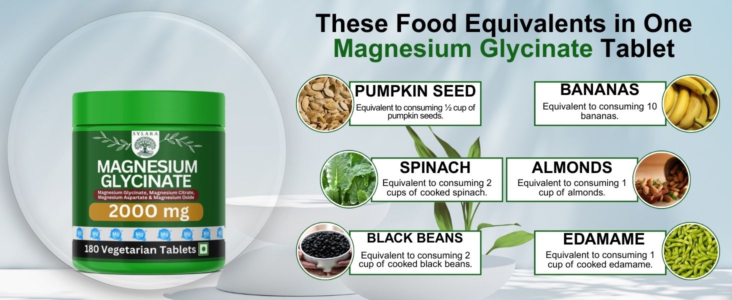 SYLARA Chelated Magnesium Glycinate 2000 mg - 180 Tablets/Capsules Supplement - 100% RDA (Magnesium Glycinate, Citrate, Aspartate Complex)