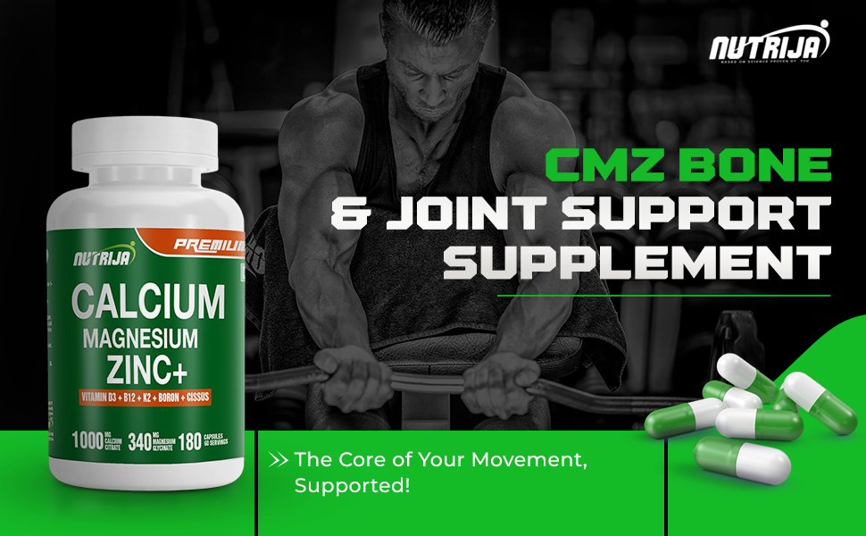 NutriJa Calcium Magnesium Zinc with Vitamin D3, Boron, K2 & B12 | Complete Bone Health & Joint Support Supplement for Men & Women (180 Capsules)
