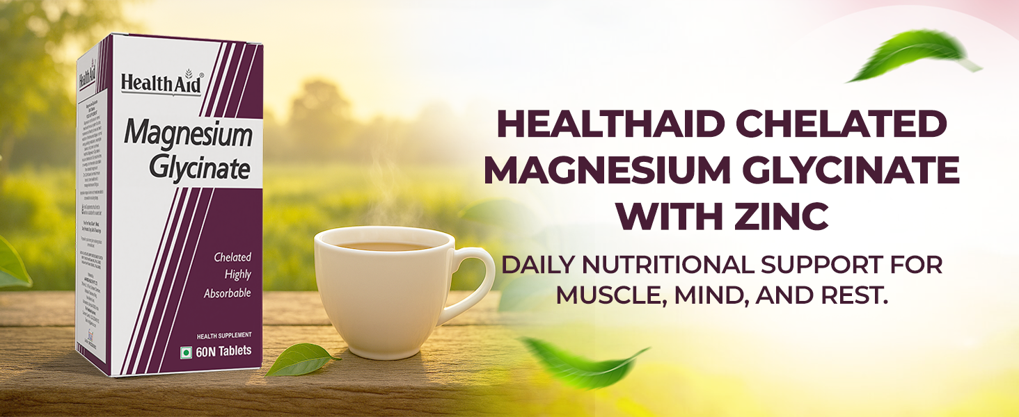 HealthAid Chelated Magnesium Glycinate with Zinc (1682 mg) – Magnesium Supplement for Muscle Recovery, Sleep Support, Cramps Relief & Nerve Health | Promotes Brain Health – 60 Veg Tablets