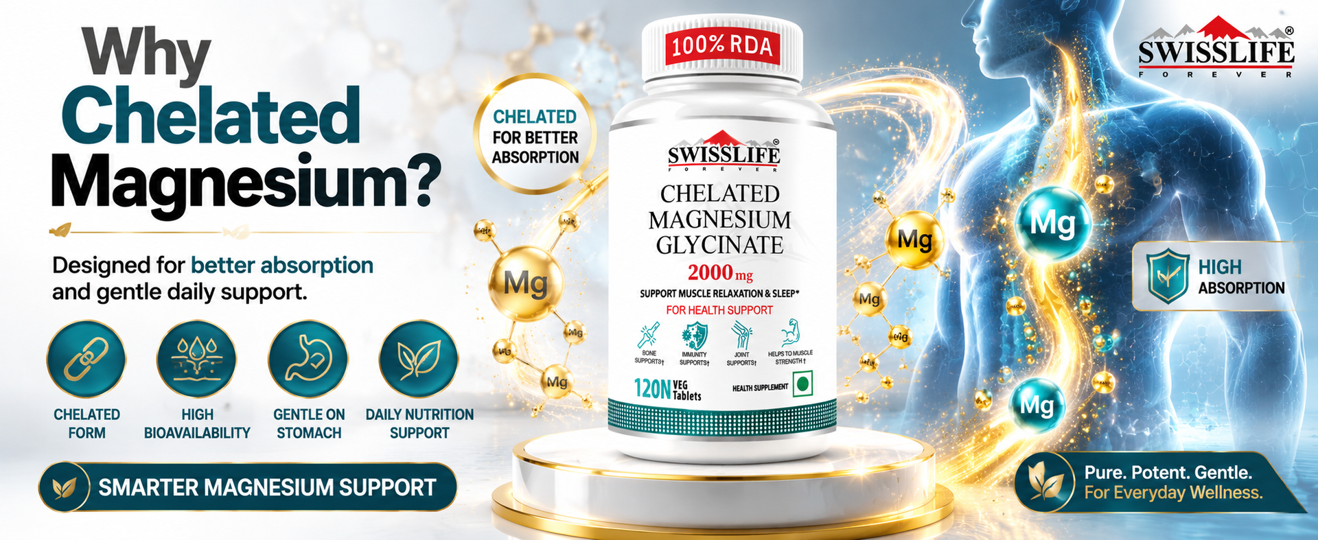 SwissLife Forever Magnesium Glycinate Tablets 120 Veg Tablets | High Absorption Chelated Magnesium | Supports Sleep, Muscle Recovery, Stress Relief and Bone Health | For Men and Women