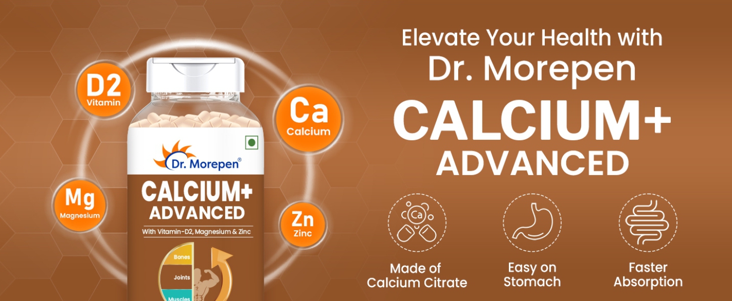 Dr. Morepen Calcium+ Advanced Tabs with Vitamin - D2, Magnesium & Zinc - 120 Veg Tablets for Women & Men Calcium & Vitamin D Tablets to support Strong Bones, Joints & Muscles