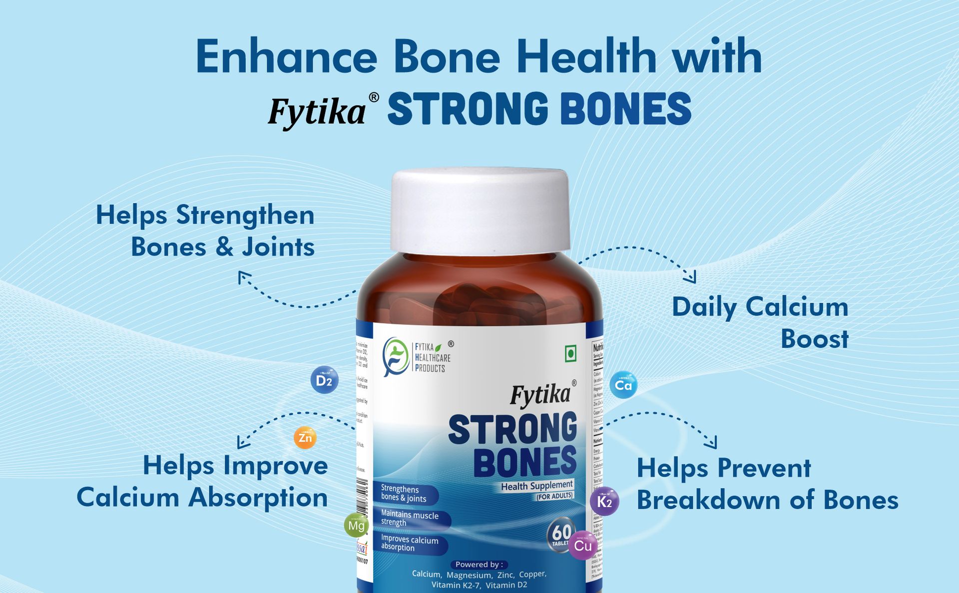 Fytika Strong Bones - 60 TABS (Pack of 1) | Calcium 1000mg + Vitamin D3 400IU Supplement with Magnesium, Zinc,Coper & Vitamin K2 for Complete Bone, Joint & Muscle Health - Women and Men