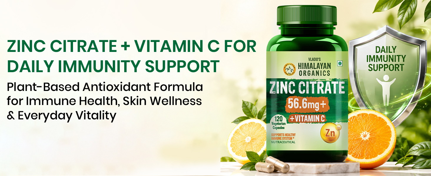 Vlado’s Himalayan Organics Zinc Citrate with Vitamin C | Zinc Supplements for Men & women with 100% RDA Zinc | Immunity & Cellular Health Support - Support Healthy Immune Function | Improve Iron Absorption | Antioxidant Support - 120 Tablets