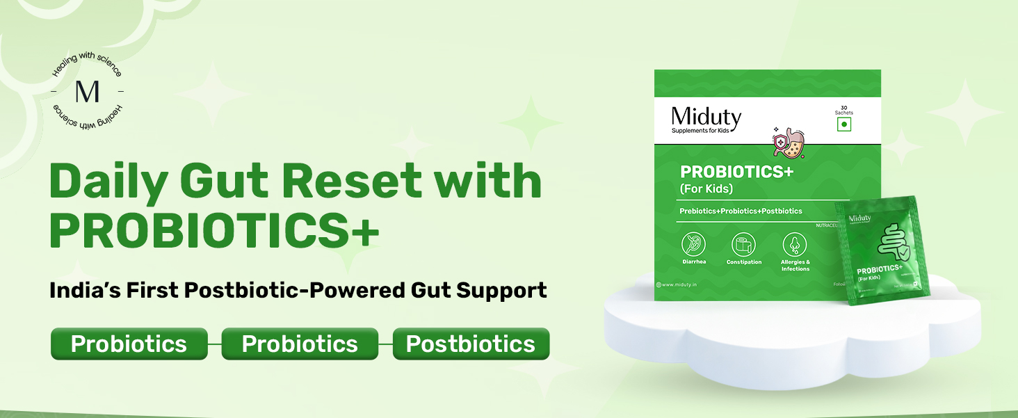 Miduty Probiotics+ for Kids - Prebiotic, Probiotic & Postbiotic - 6 Billion CFU, Sunfiber & Sodium Butyrate - Supports Gut Health, Immunity & Digestion - Unflavored - 30 Sachets