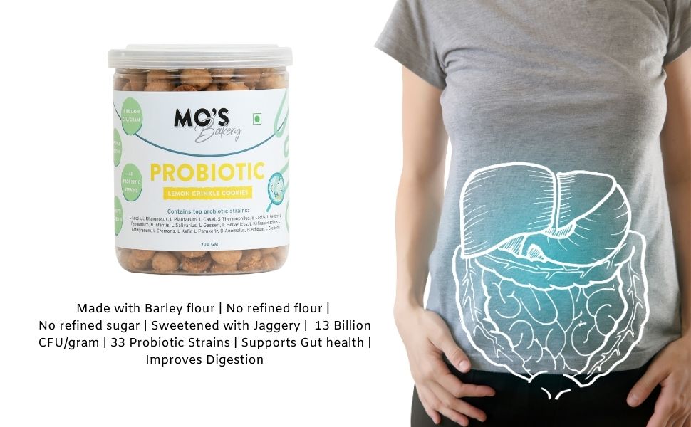 Mo's Probiotic Cookies, 200 G | Lemon Crinkle Cookies | Probiotic Supplement With 13 Billion CFU | 33 Probiotic Strains | Improve Digestion & Gut Health | Probiotics for Women | Snack Supplement