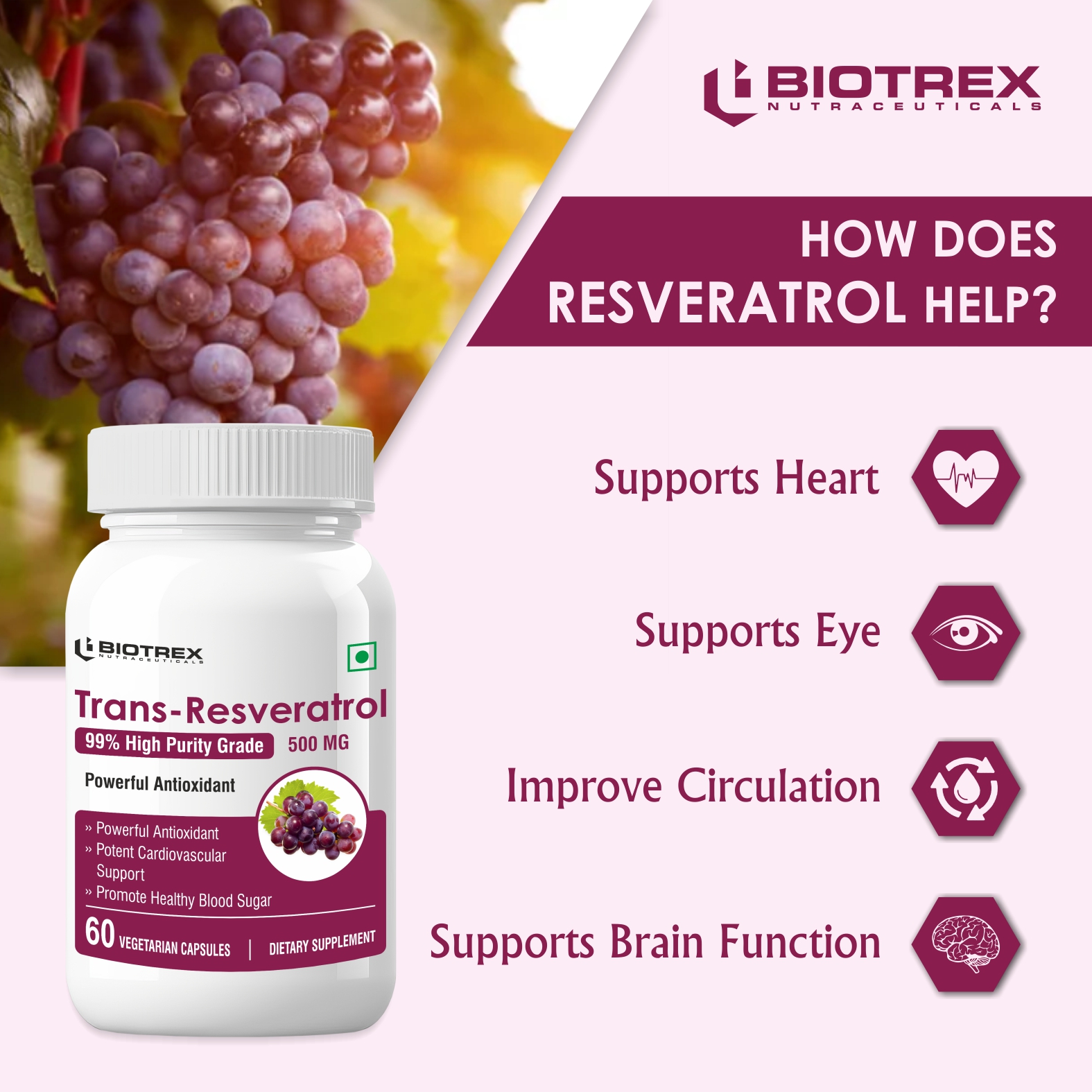 Biotrex Nutraceuticals Trans Resveratrol 500mg | 99% High Purity Grade | Grape Skin Extract | Supports Blood Sugar Levels & Healthy Heart | 60 Veg Capsules