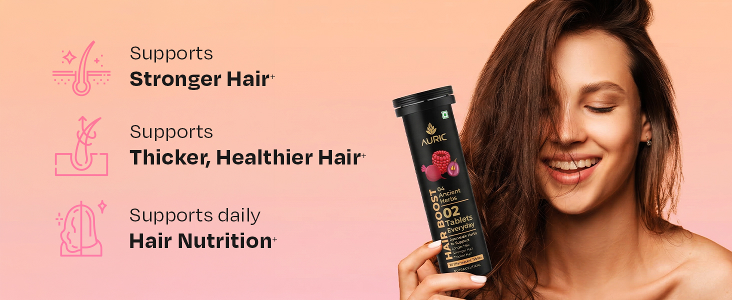 Auric Hair Boost Effervescent Tablets 20 Count | Ayurvedic Formula for Hair Fall Control | Biotin, Zinc, Beetroot & Grapeseed Extracts & Herbal Extracts | Hair Growth & Strength Support