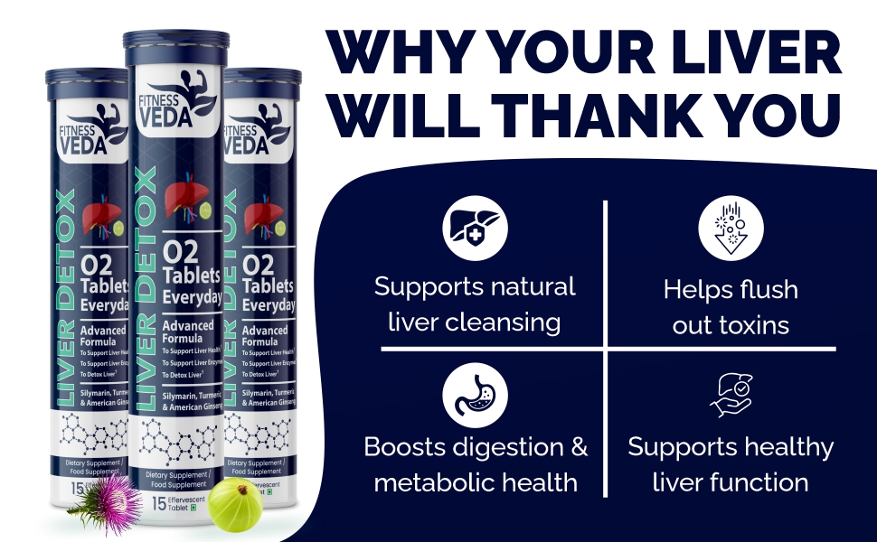 Fitness Veda Liver Detox Effervescent-Pack of 2 | Fatty Liver Health Supplement | Milk Thistle With American Ginseng | Drop, Dissolve, Fizz & Drink | Advanced Ayurvedic Formula for Liver Health – 15 Tablets Each