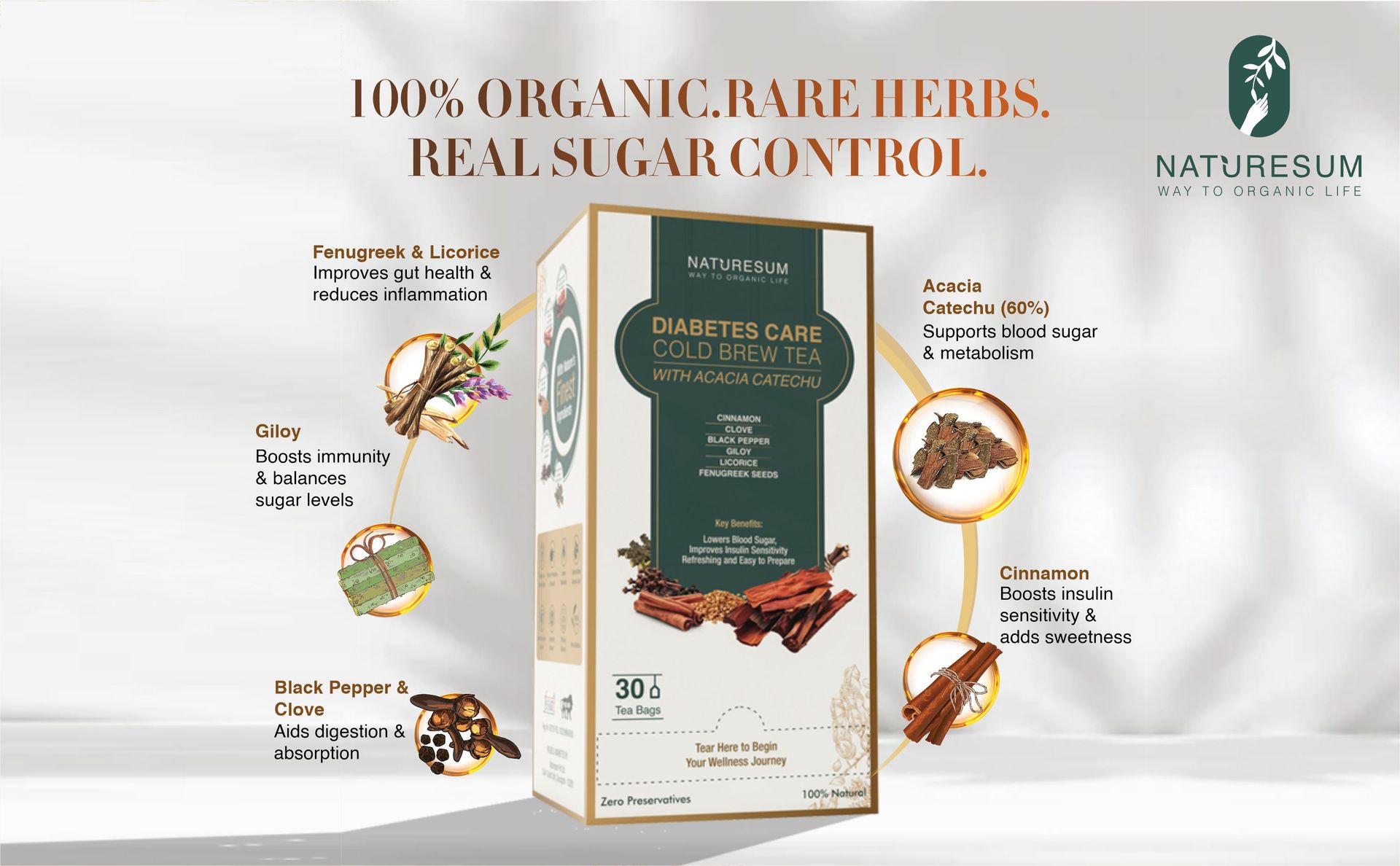 Naturesum Diabetic Care Tea for Diabetes Control, 30 Tea Bags, with Fenugreek (Methi Dana), Acacia Catechu & More, Insulin Resistant, Anti-Inflammatory & Immunity Booster Cold Brew