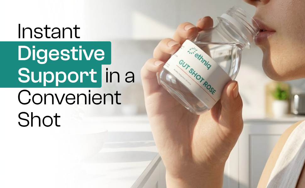 Ethniq Gut Shots | Clinically Proven Herbal Digestive Shots |Instant Relief from Acidity, Bloating, Gas, Constipation|Pudina, Ajwain, Saunf & Jeera | 4 Flavours | Travel-Friendly Pack of 12 | Ease on the go | 50ml Each