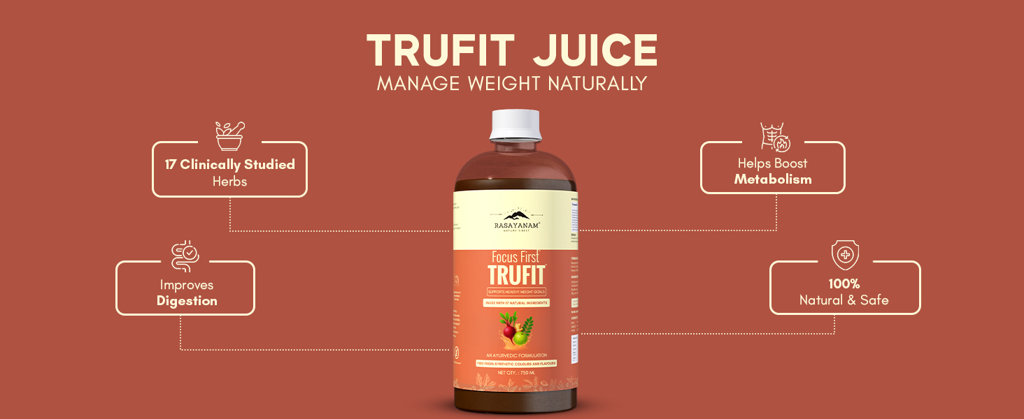 Rasayanam TruFit Juice 750 ml | 17 Herbs for Weight Management & Digestion | Kwath Method | No Sugar | Garcinia, Green Tea, Amla & Moringa | 100% Natural & Safe