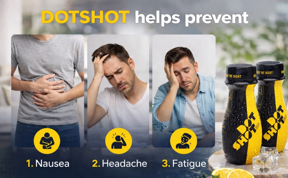 DOT SHOT Anti Hangover Shot for After Party Recovery | 100% Vegan Liver Detox Drink | Clinically Proven Shots with Turmeric, Vitamins & Electrolyte | No Side Effects | Pack of 4