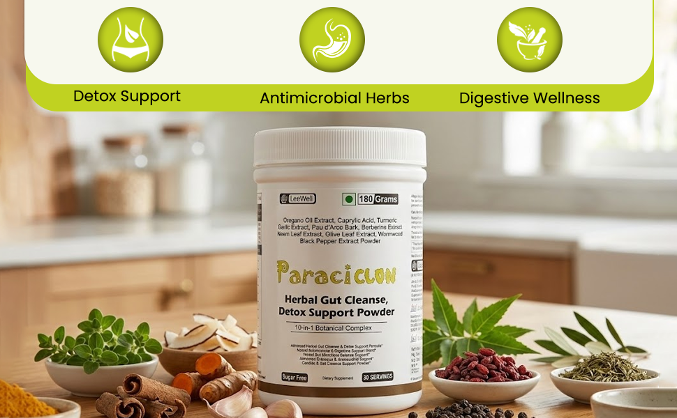 Paraciclon by Leewell Herbal Gut Cleanse Detox Support Powder | Stomach, Colon Cleanser | Oregano Oil, Caprylic Acid, Garlic Extract, Pau d'Arco, Berberine, Neem, Olive Leaf, Wormwood Extract -180g powder