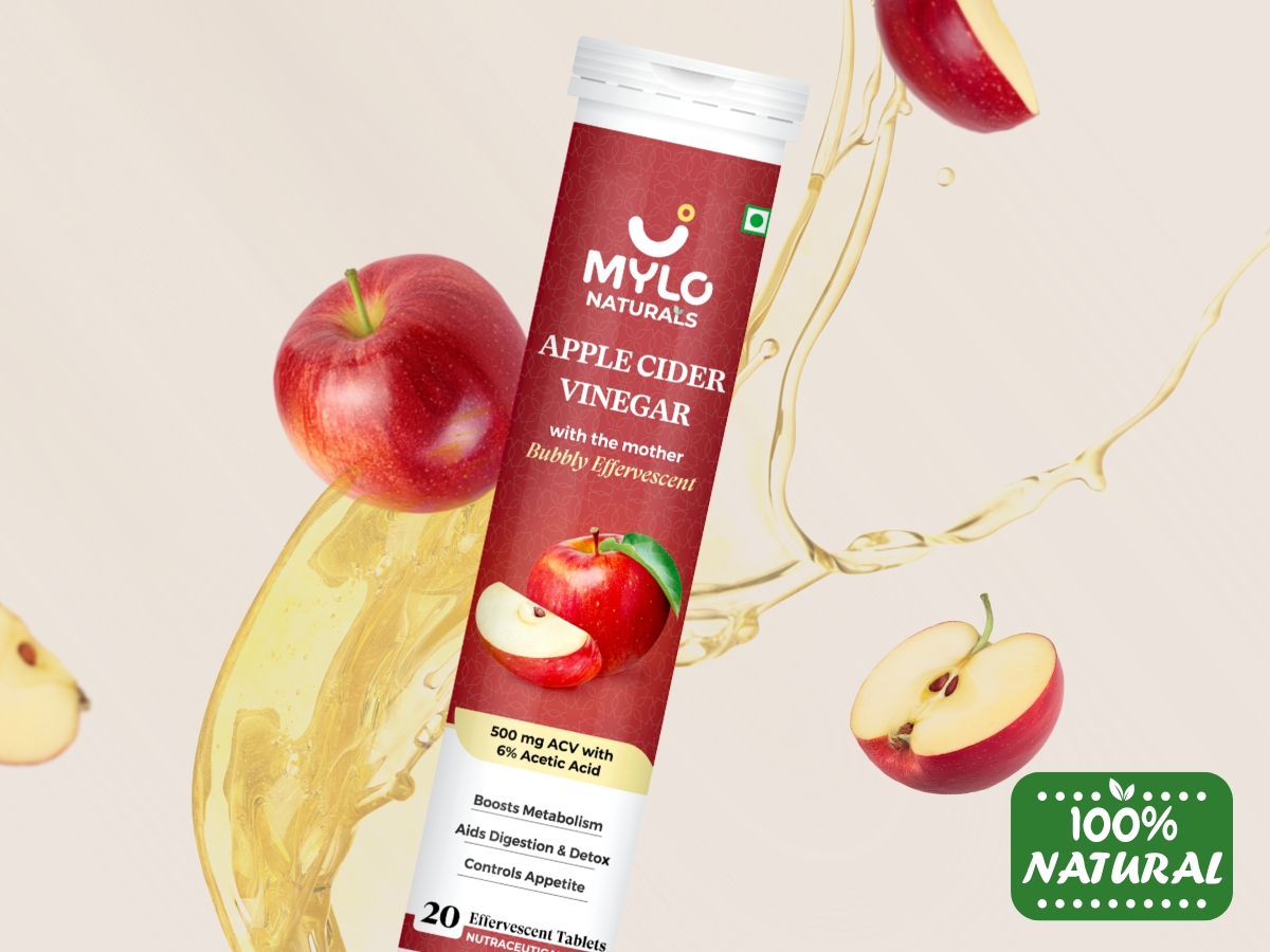 Mylo Apple Cider Vinegar Tablets for Weight Loss | Effervescent ACV Tablets | With Vitamin B6 and B12 | 100% Natural (Pack of 1)