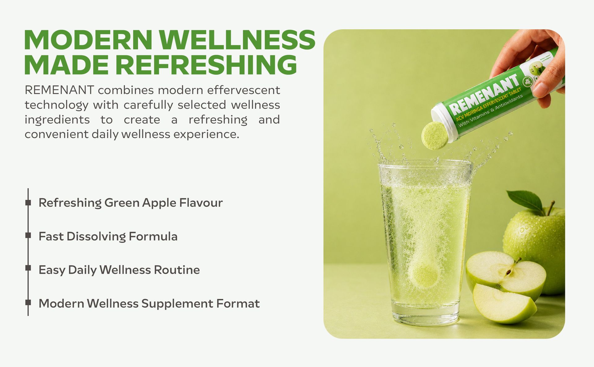 REMENANT ACV Moringa Effervescent Tablets Green Apple Flavour | Apple Cider Vinegar, Moringa, Cinnamon Bark, L-Carnitine & Vitamins | Sugar Free Fizzy Drink Tablets | 15 Effervescent Tablets