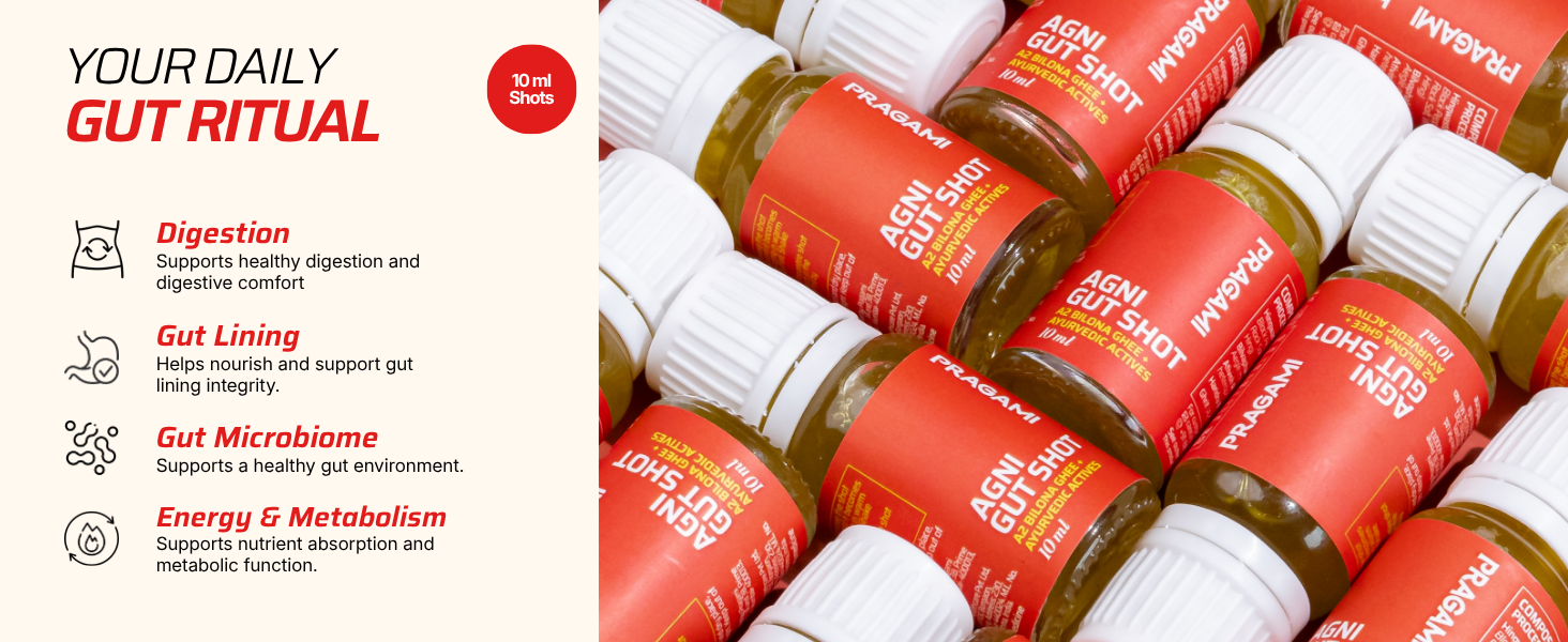 Agni Gut Shots - Daily Gut Detox Drink 15 Shots × 10 ml | A2 Bilona Ghee + Herbal Actives - Supports Gut Health, Reduces Bloating & Acidity | Gut Cleanse & Gut Care Ritual