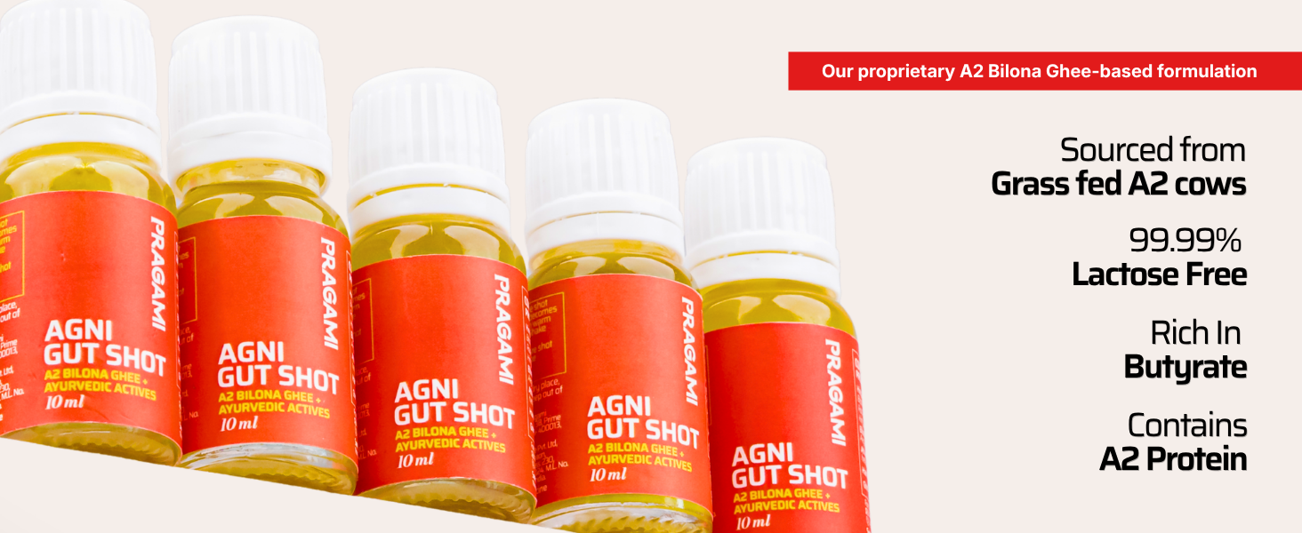 Agni Gut Shots - Daily Gut Detox Drink 15 Shots × 10 ml | A2 Bilona Ghee + Herbal Actives - Supports Gut Health, Reduces Bloating & Acidity | Gut Cleanse & Gut Care Ritual