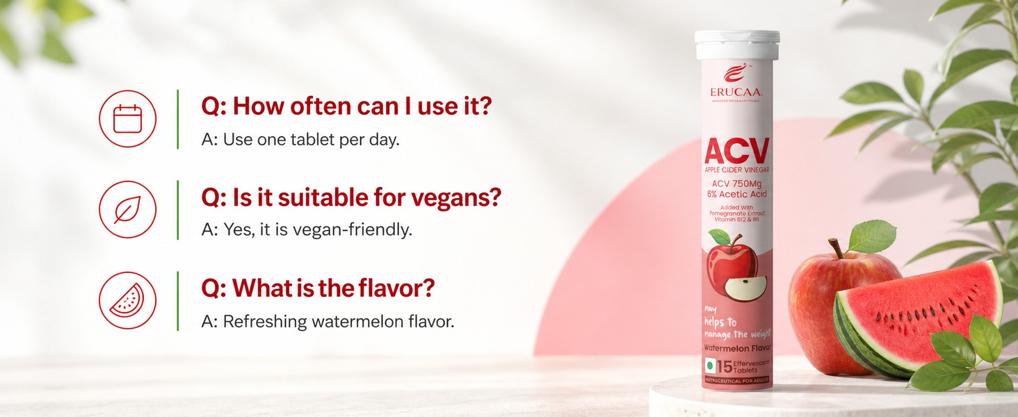 ACV Effervescent Health Supplement | Apple Cider Vinegar 750mg with Pomegranate Extract, Vitamin B6 & Vitamin B12 | Watermelon Flavour | 15 Effervescent Tablets