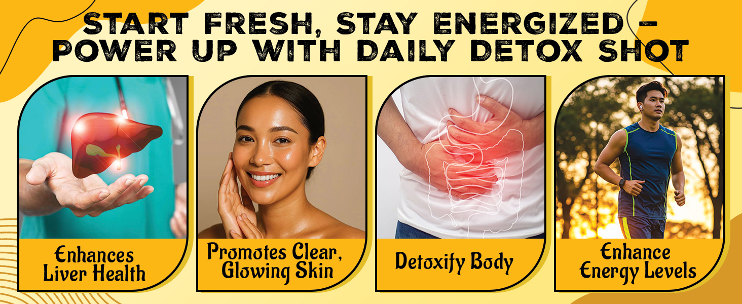 DAILY DETOX SHOT 60ML (1 Month Pack ) | Liver Detox Drink with Milk Thistle, Moringa, Curcumin & Bhui Amla | 8 Herb Ayurvedic Cleanse for Gut | Liver Care Juice | Gut Cleanse | Improves Probiotic Activity, Gut Health & Digestion | Herbal Detox Drink
