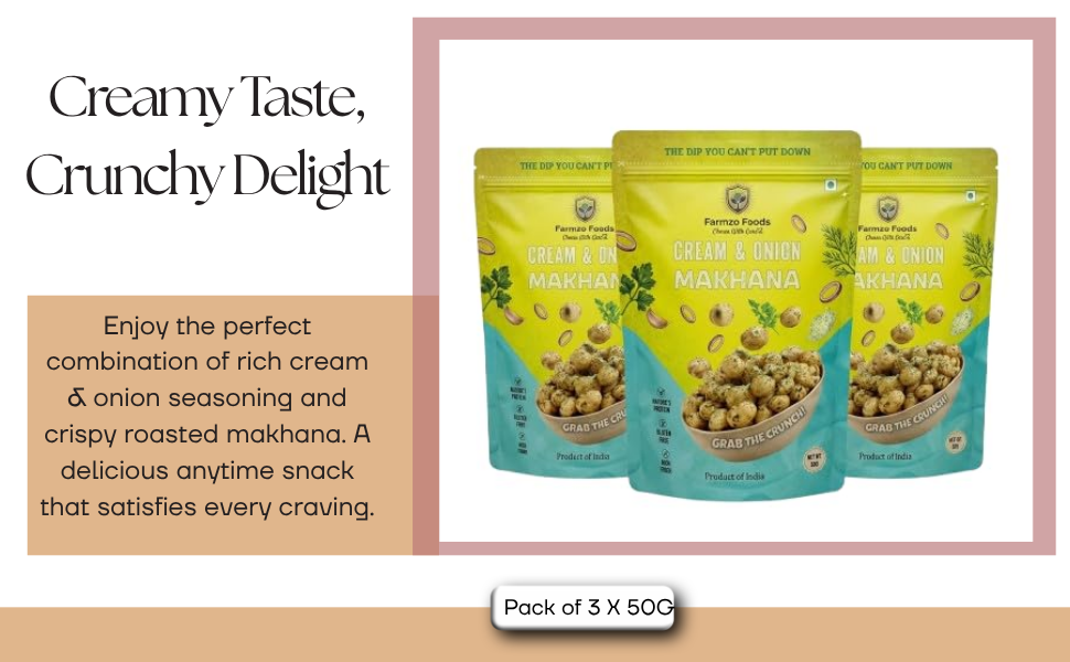 Farmzo Foods Cream & Onion Makhana | Pack of 3 X 50G | Crispy Roasted Fox Nuts | 150G