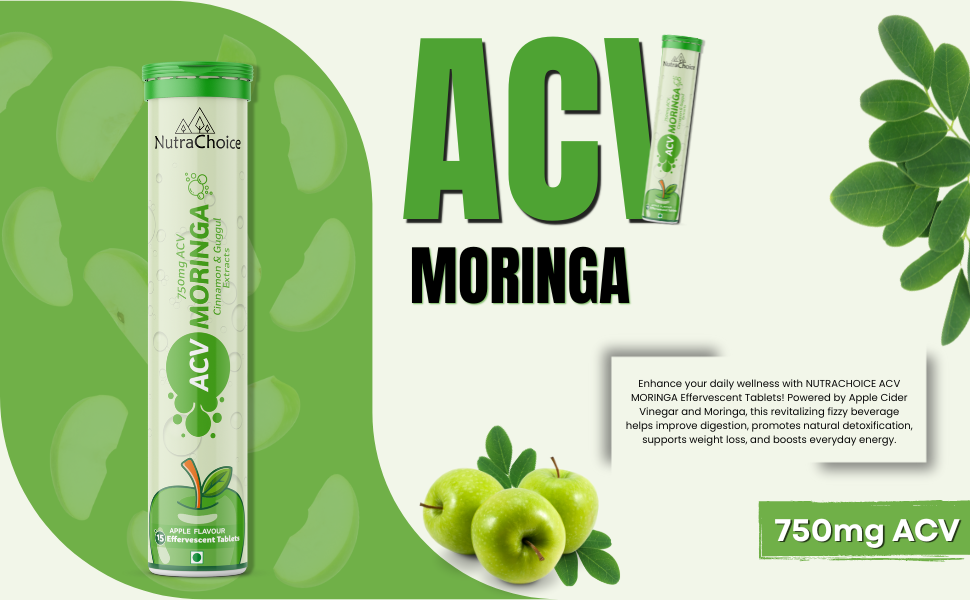 ACV Moringa 750 mg for Weight Loss | Control Cravings, Boost Metabolism & Control Weight | Added Cinnamon & Guggul | 15 Sugar Free Effervescent Tablets - Green Apple (Pack of 1)