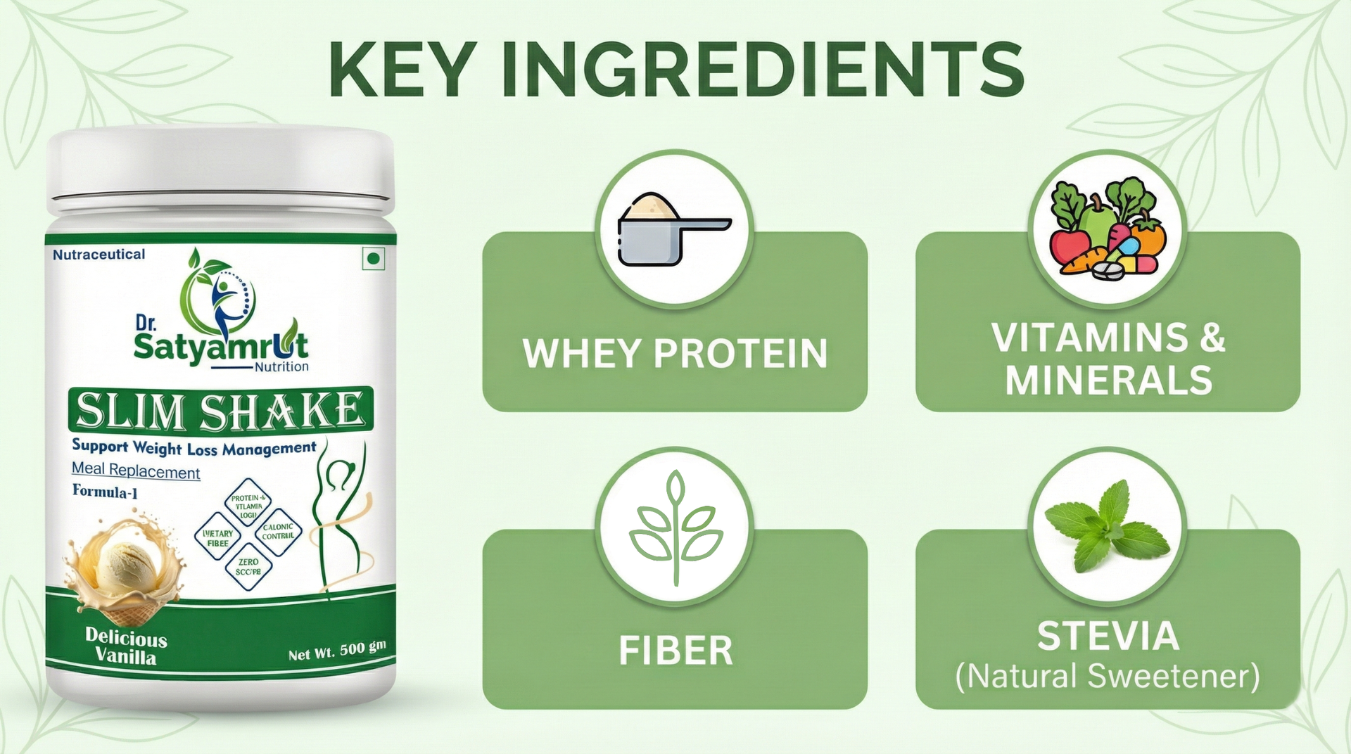 DR SATYAMRUT NUTRITION Slim Shake Formula-1 With Weight Loss & Fitness Support For Meal Replacement | Low Calorie | | No Added Sugar | High Protein | Body Detoxify - Delicious – (500gm) (VANILLA)