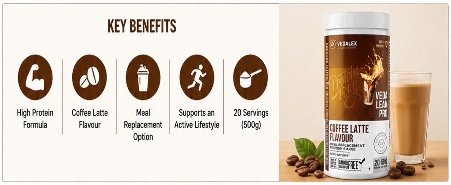 500g 20 Servings | To Lose Weight | Veda Lean Pro Protein Way – Coffee Latte Flavour | Meal Replacement Protein Shake | Low GI | High Soy Protein | Ultra Premium | Weight Control & Daily Nutrition