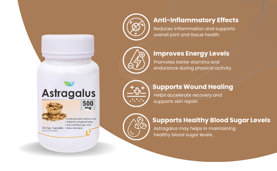 Biotrex Nutraceuticals Astragalus 500mg Supplement | Heart & Kidney Health | Immunity Booster & Adaptogen | Antioxidant | Enhances Strength & Atheletic Performance | 60 Veg Capsules
