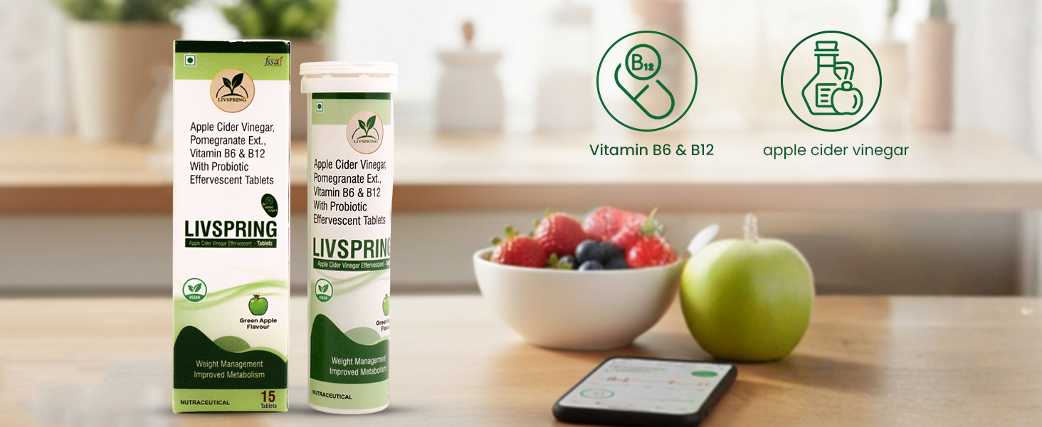 Apple Cider Vinegar Effervescent Tablets with Pomegranate Extract | Added Vitamin B6 & B12 and Probiotic| Helps curb cravings | Metabolism Benefits | Bloating Relief & Improved Gut Health | Improves metabolism Tablets in Tasty Green Apple Flavour (pack of 2)