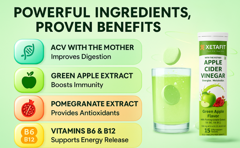 Apple Cider Vinegar Effervescent Tablets with Mother | 500mg ACV, Vitamin B6 & B12 | Supports Metabolism, Digestion & Appetite Control | No Added Sugar, No Maltodextrin | Green Apple | 15Tablets (Pack of 1)