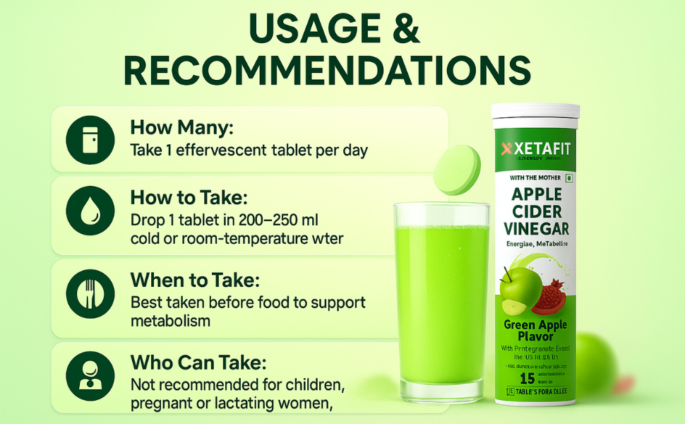 Apple Cider Vinegar Effervescent Tablets with Mother | 500mg ACV, Vitamin B6 & B12 | Supports Metabolism, Digestion & Appetite Control | No Added Sugar, No Maltodextrin | Green Apple | 15Tablets (Pack of 1)