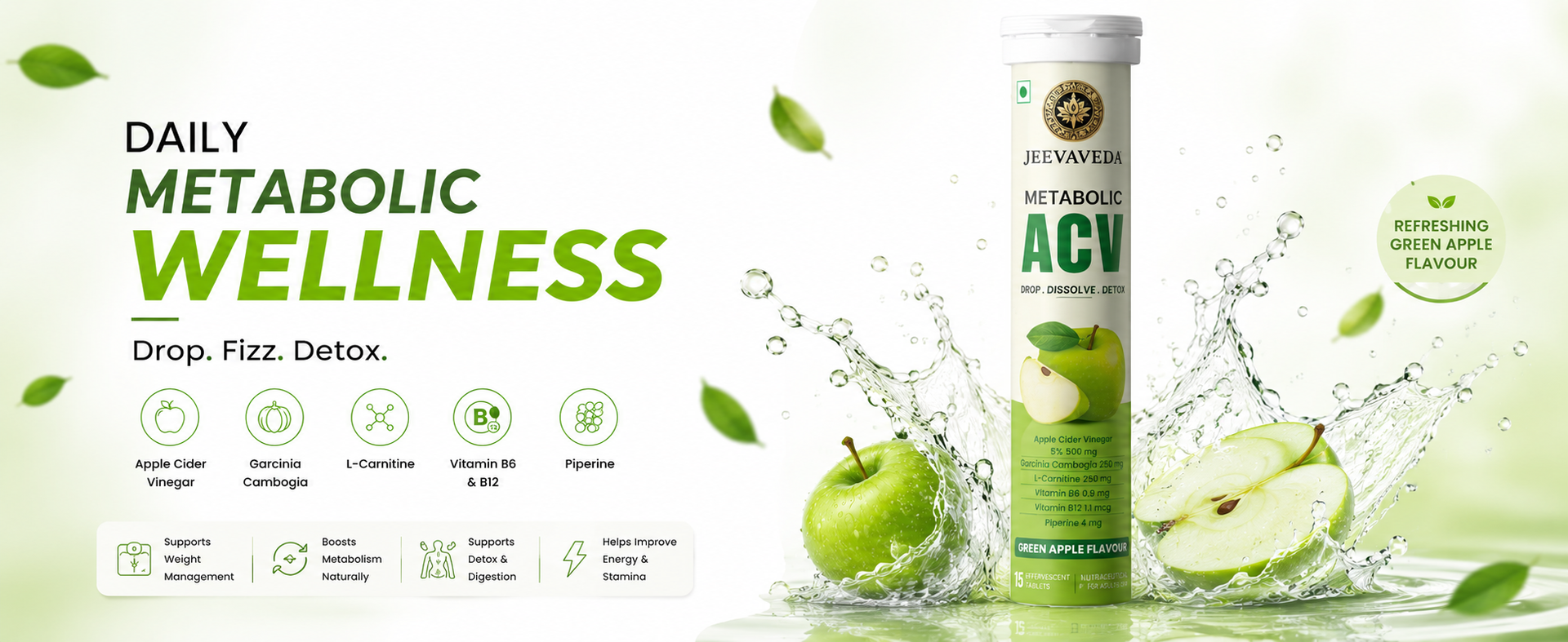 Apple Cider Vinegar Effervescent Tablets – Refreshing Green Apple Flavour – Supports Detox, Control Craving & No Added Sugar – Pack of 15