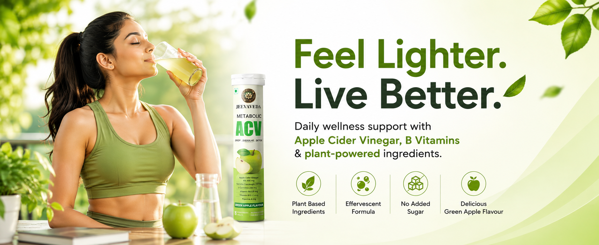 Apple Cider Vinegar Effervescent Tablets – Refreshing Green Apple Flavour – Supports Detox, Control Craving & No Added Sugar – Pack of 15