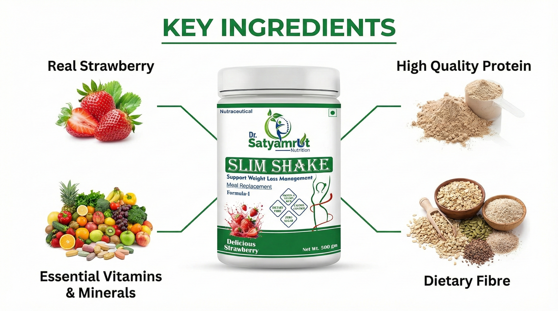 DR SATYAMRUT NUTRITION Slim Shake Formula-1 With Weight Loss & Fitness Support For Meal Replacement | Low Calorie | | No Added Sugar | High Protein | Body Detoxify - Delicious – (500gm) (STAWBERRY)