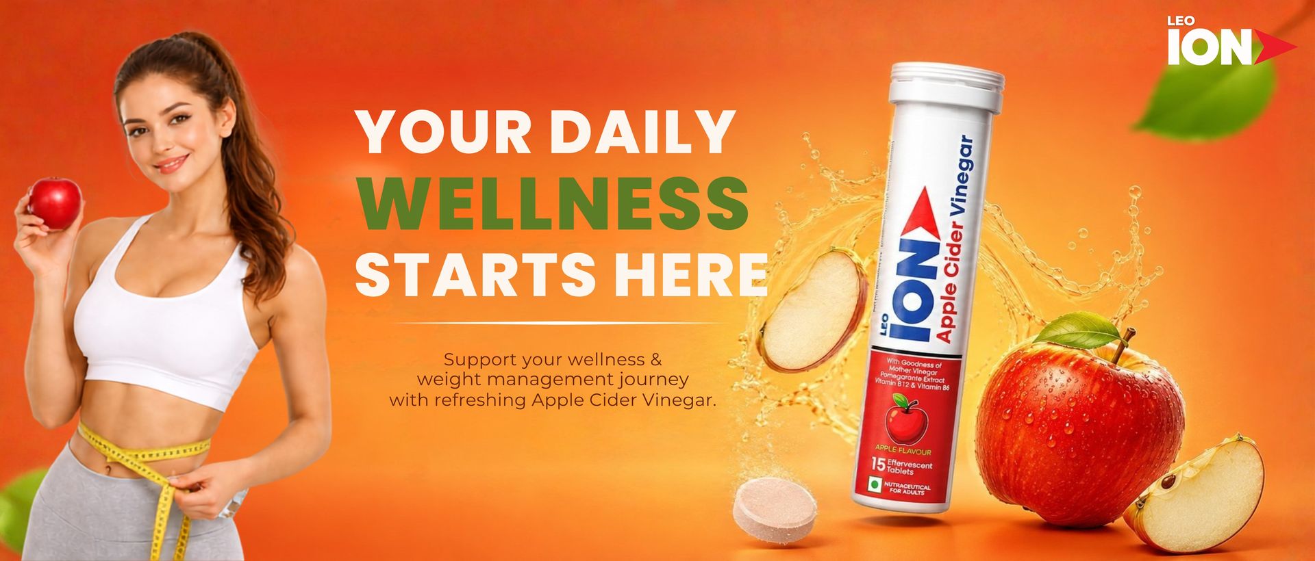 LEO ION Apple Cider Vinegar 15 Effervescent Tablets | Formulated with Mother Vinegar, Pomegranate Extract, Vitamin B12 and Vitamin B6 Supplement | Weight Management, Metabolism and Digestive Health Support | Apple Flavour
