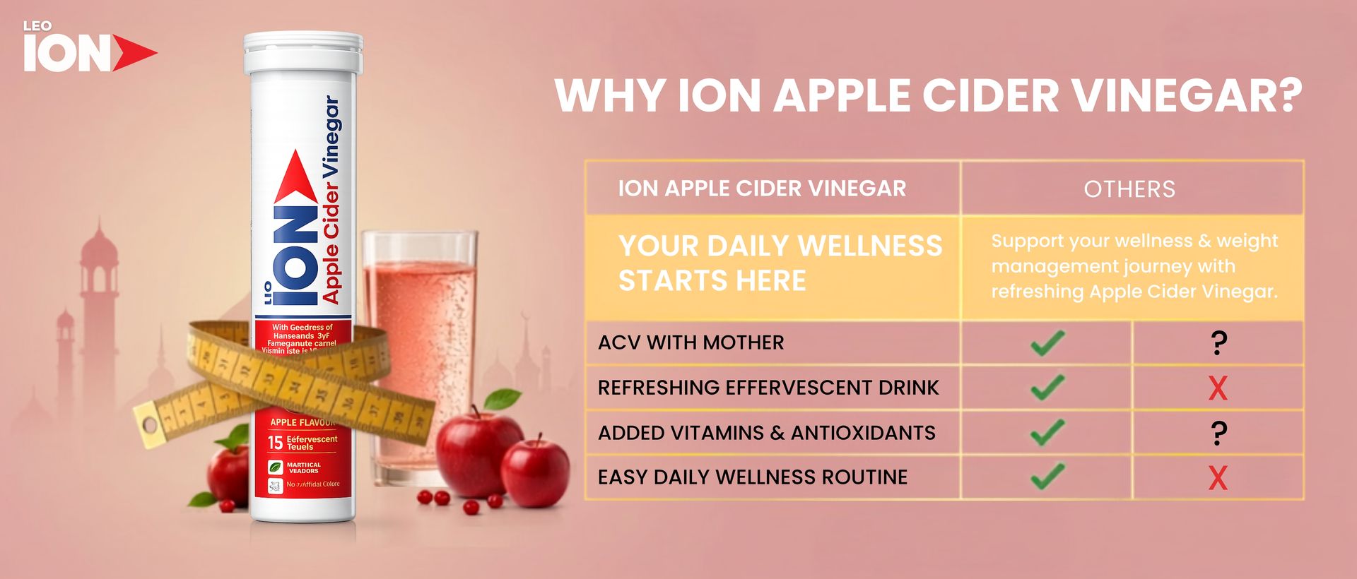 LEO ION Apple Cider Vinegar 15 Effervescent Tablets | Formulated with Mother Vinegar, Pomegranate Extract, Vitamin B12 and Vitamin B6 Supplement | Weight Management, Metabolism and Digestive Health Support | Apple Flavour