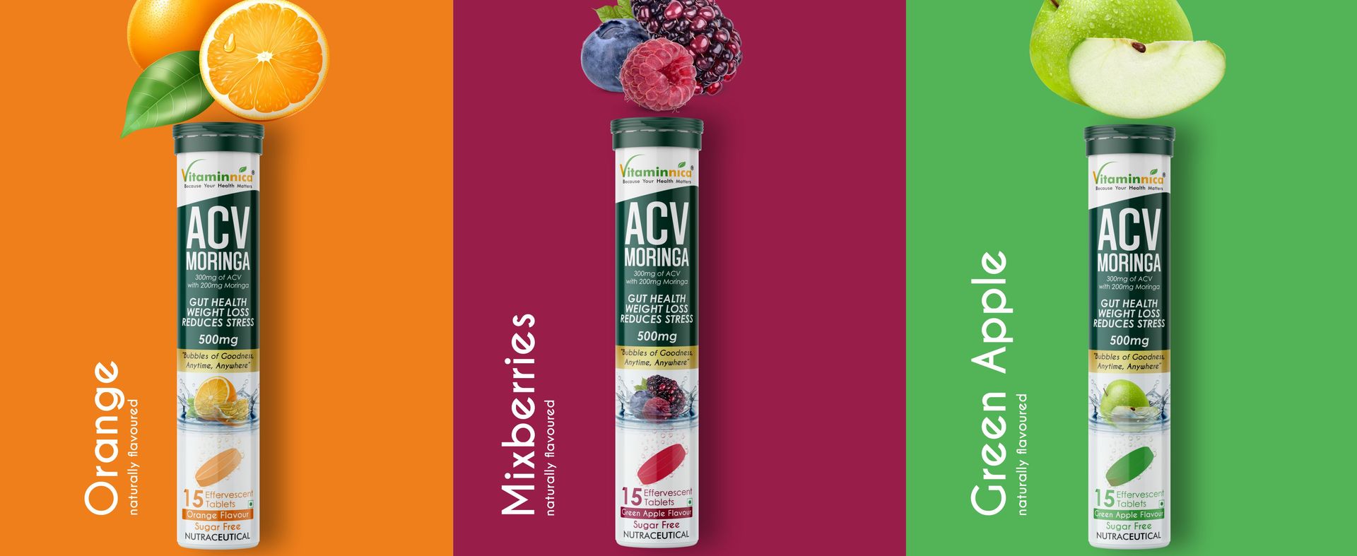 Vitaminnica ACV Moringa Effervescent Tablets To Control Cravings | Reduces Stress, Gut Health, Weight Loss | Sugar Free | 15 Tablets Each (Pack of 1, Green Apple)