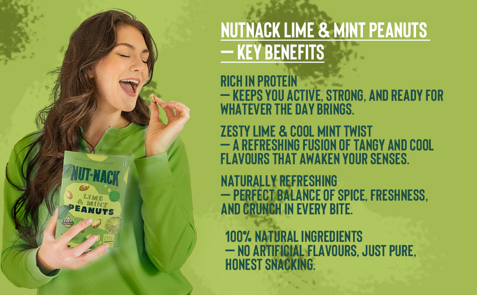 NUTNACK | Lime And Mint Peanuts | Zero Added Oil Extra Crunch Peanut Snack With Tangy Lime And Refreshing Mint Flavour | Travel Friendly Ready To Eat Snack | 45g