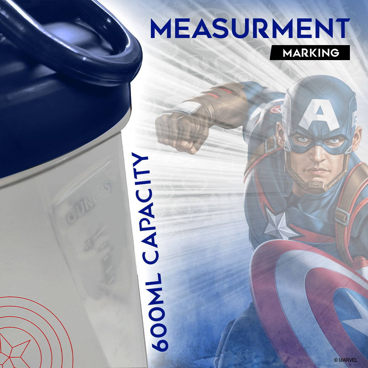 PowerMax Fitness Captain America Marvel Edition Shaker Bottle 600Ml, 100% Leakproof Guarantee Sipper Bottle Ideal For Protein, Pre-Workout And Bcaas, Bpa Free Material, Plastic (Clear)