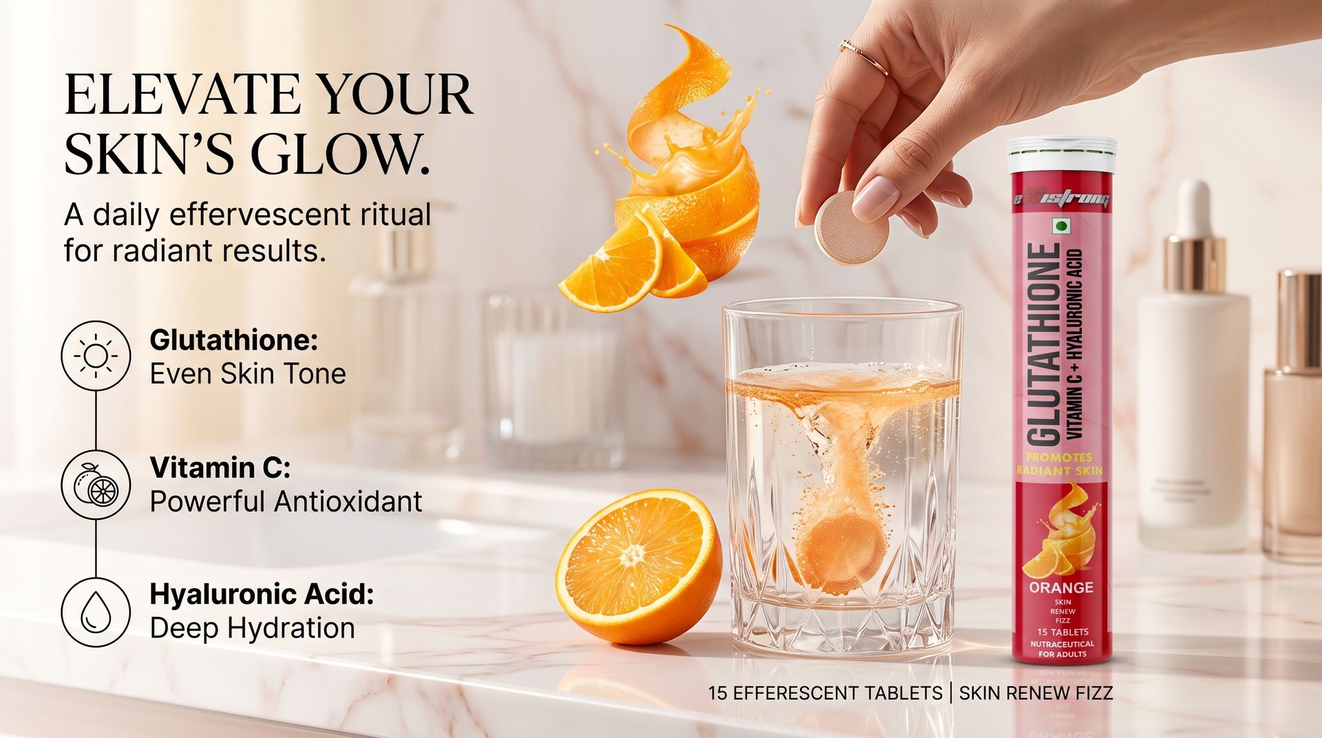 Glutathione Effervescent Tablet With Vitamin C & Hyaluronic Acid (Pack Of 4 Orange) 15 Tablet, 60 Counts | 500mg L-Glutathione, Vitamin E