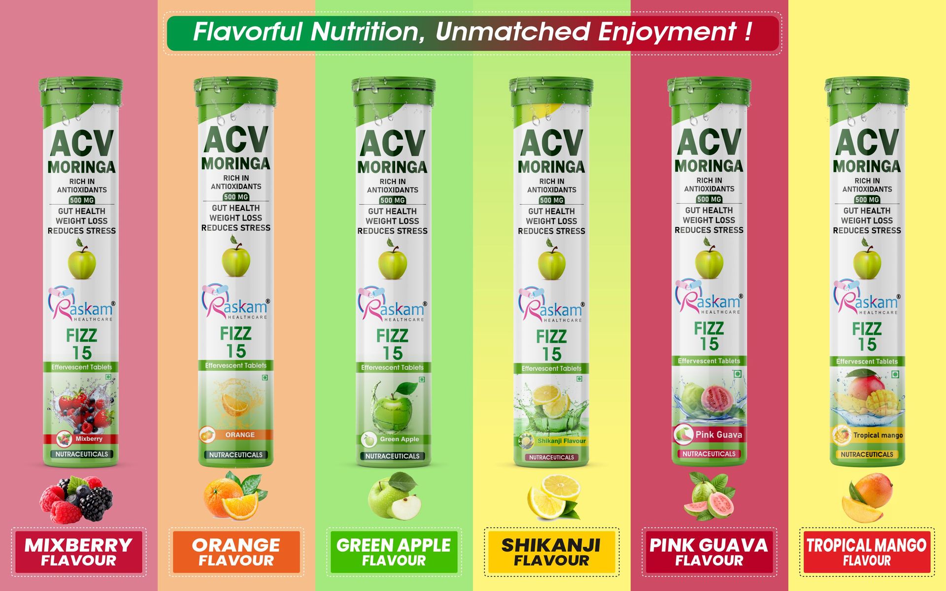 ACV Moringa Effervescent Tablets 500mg – Pink Guava Flavor, No Added Sugar, Supports Appetite Control, Immunity & Natural Energy – 15 Fizz Tabs (Pack of 1)